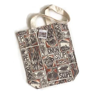 French Onion Soup illustrated recipe long handled tote bag lino cut by Kate Guy