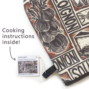 French Onion Soup illustrated recipe organic cotton oven mitt lino cut by Kate Guy
