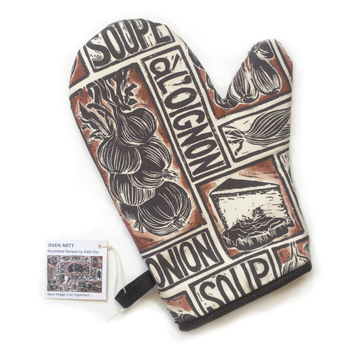French Onion Soup illustrated recipe organic cotton oven mitt lino cut by Kate Guy