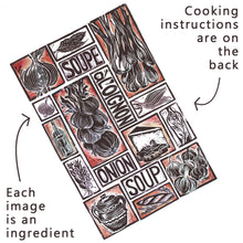 Load image into Gallery viewer, French Onion Soup Illustrated Recipe Greetings Card by Kate Guy each image is an ingredient and the cooking instructions are on the back
