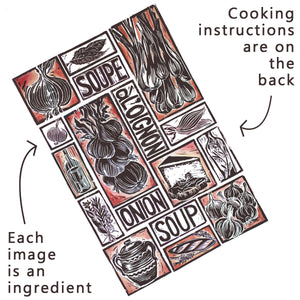 French Onion Soup Illustrated Recipe Greetings Card by Kate Guy each image is an ingredient and the cooking instructions are on the back