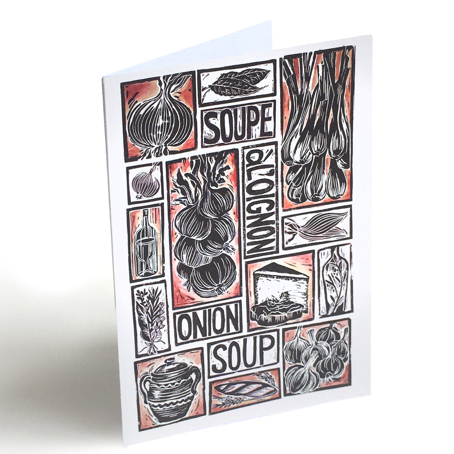 French Onion Soup Illustrated Recipe Greetings Card by Kate Guy each image is an ingredient and the cooking instructions are on the back