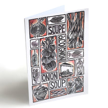 Load image into Gallery viewer, French Onion Soup Illustrated Recipe Greetings Card by Kate Guy each image is an ingredient and the cooking instructions are on the back
