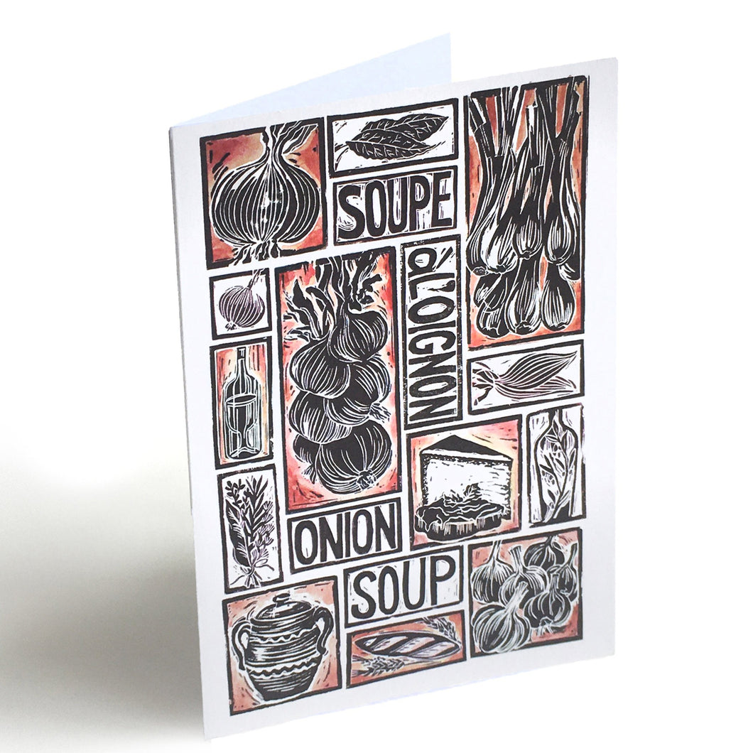 French Onion Soup Illustrated Recipe Greetings Card by Kate Guy each image is an ingredient and the cooking instructions are on the back