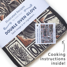 Load image into Gallery viewer, French Onion Soup illustrated recipe organic cotton double oven glove lino cut by Kate Guy
