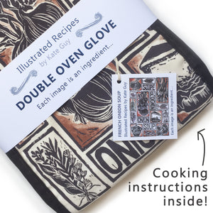 French Onion Soup illustrated recipe organic cotton double oven glove lino cut by Kate Guy
