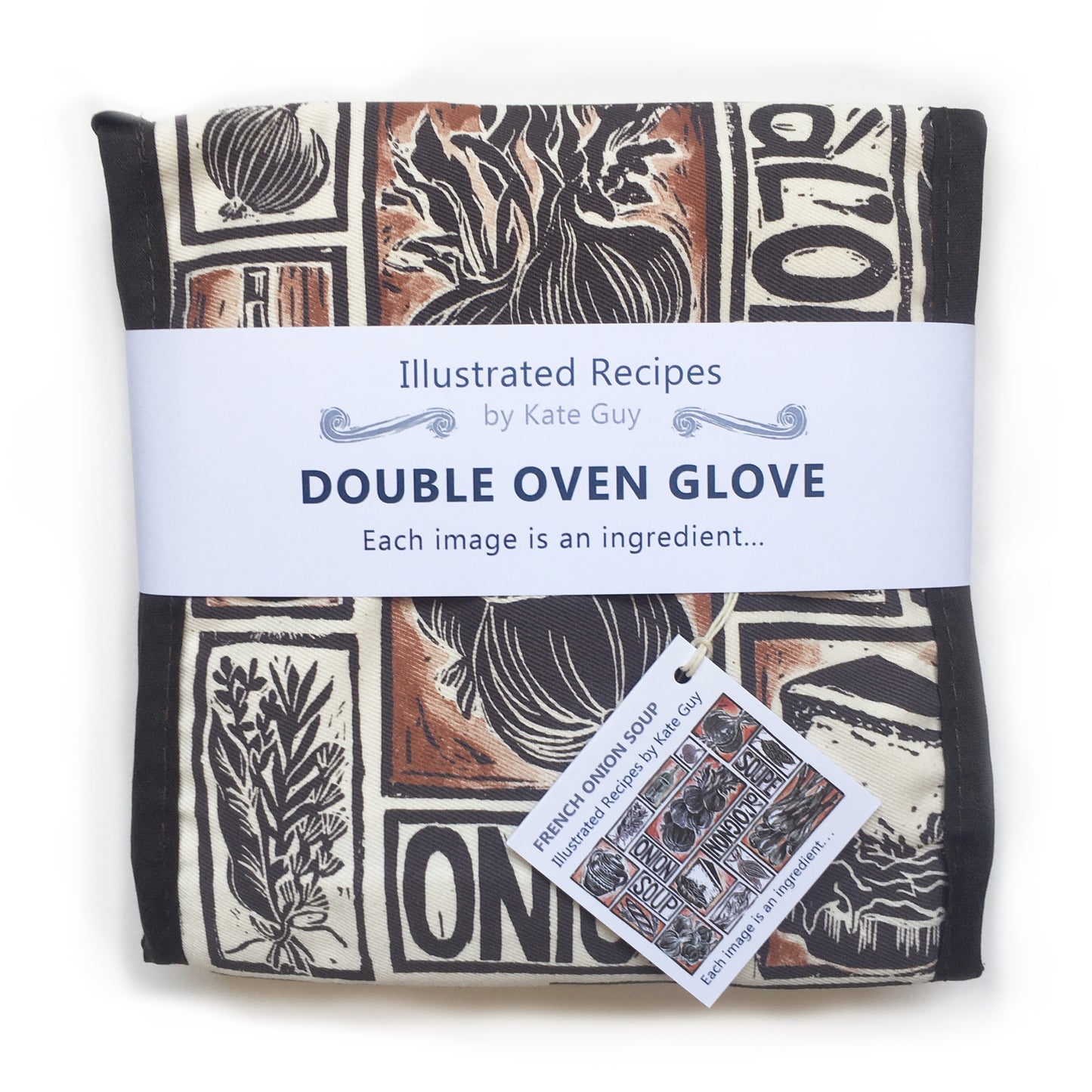 French Onion Soup illustrated recipe organic cotton double oven glove lino cut by Kate Guy