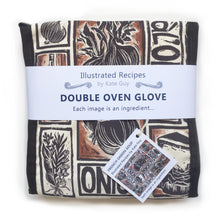 Load image into Gallery viewer, French Onion Soup illustrated recipe organic cotton double oven glove lino cut by Kate Guy
