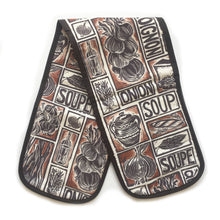 Load image into Gallery viewer, French Onion Soup illustrated recipe organic cotton double oven glove lino cut by Kate Guy

