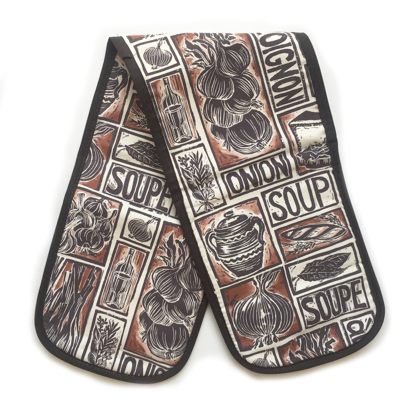 French Onion Soup illustrated recipe gift set organic cotton tea towel apron double oven glove lino cut by Kate Guy