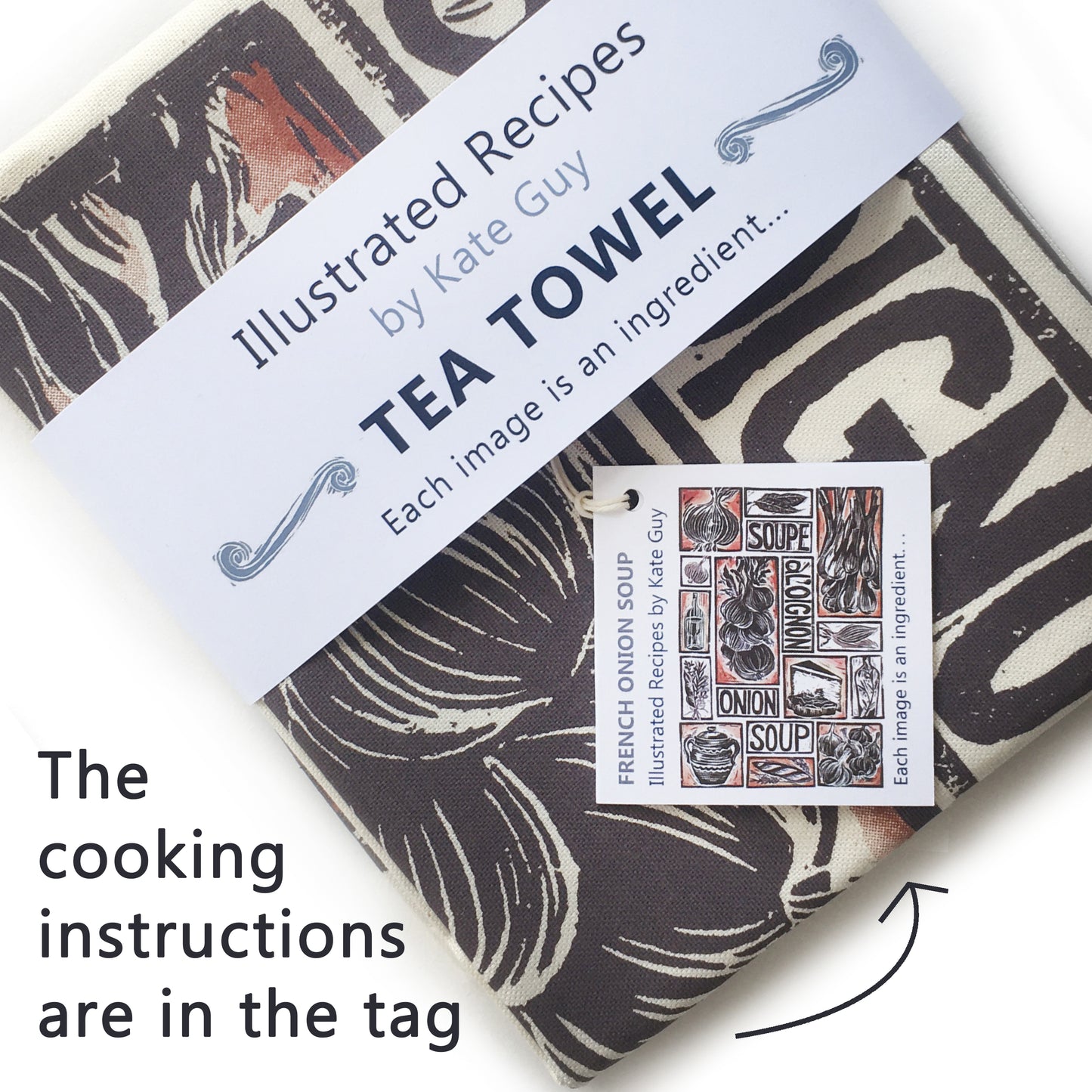French Onion Soup illustrated recipe organic cotton tea towel lino cut by Kate Guy