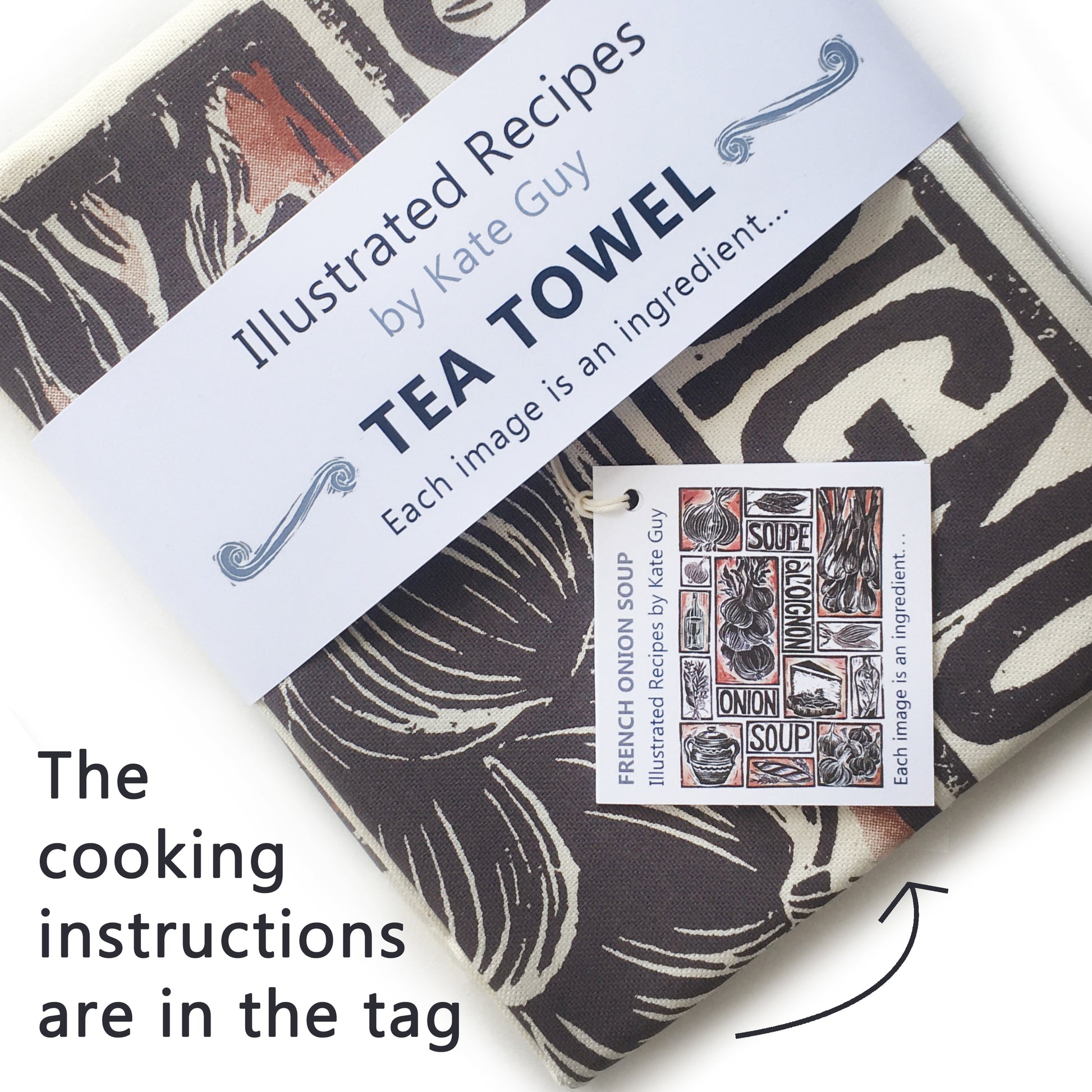 French Onion Soup illustrated recipe organic cotton tea towel lino cut by Kate Guy