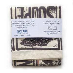 French Onion Soup illustrated recipe organic cotton tea towel lino cut by Kate Guy