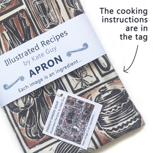 French Onion Soup illustrated recipe organic cotton apron lino cut by Kate Guy