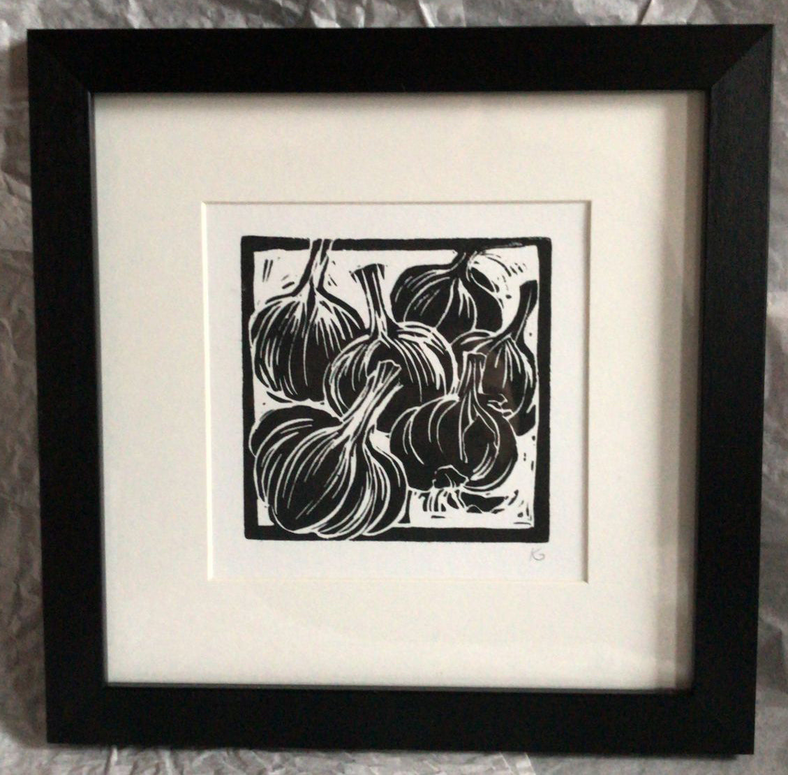Garlic bulbs linocut print ingredients prints by Kate Guy Prints
