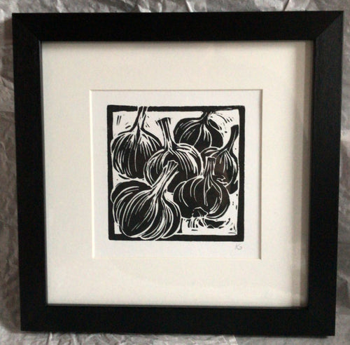 Garlic bulbs linocut print ingredients prints by Kate Guy Prints