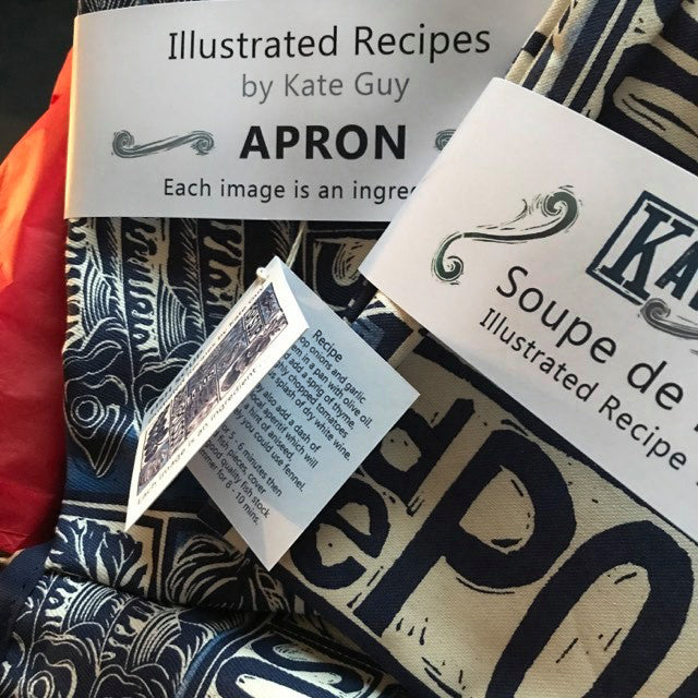 Fish Soup illustrated recipe gift set with tea towel adult apron and double oven glove with large pocket, comes with cooking instructions. lino cut print by Kate Guy