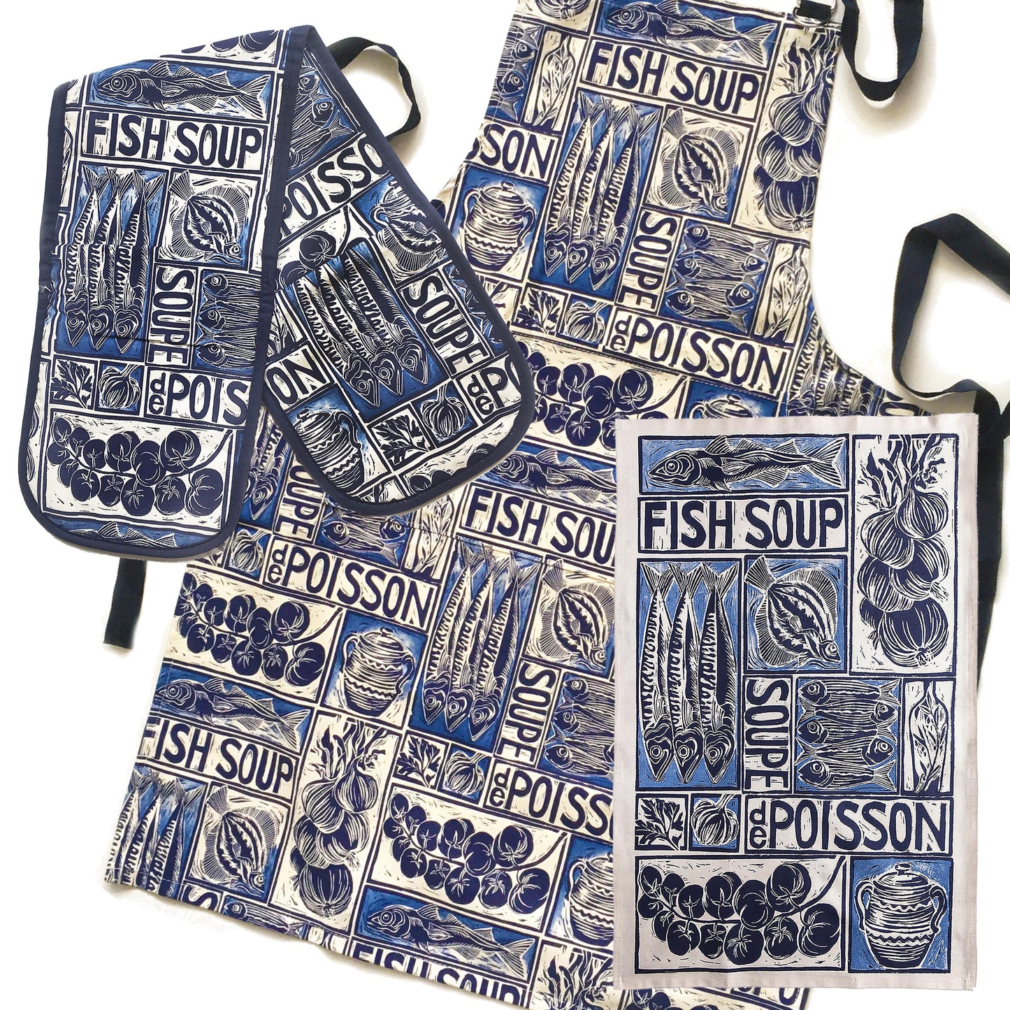 Fish Soup illustrated recipe gift set with tea towel adult apron and double oven glove with large pocket, comes with cooking instructions. lino cut print by Kate Guy