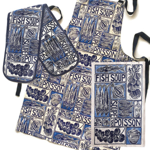 Fish Soup illustrated recipe gift set with tea towel adult apron and double oven glove with large pocket, comes with cooking instructions. lino cut print by Kate Guy