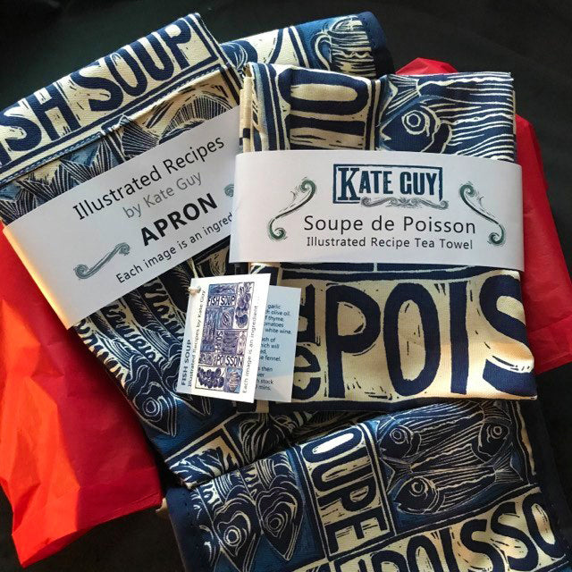 Fish Soup illustrated recipe gift set with tea towel adult apron and double oven glove with large pocket, comes with cooking instructions. lino cut print by Kate Guy