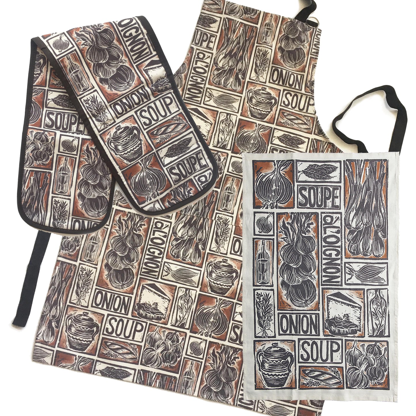 French Onion Soup illustrated recipe gift set organic cotton tea towel apron double oven glove lino cut by Kate Guy