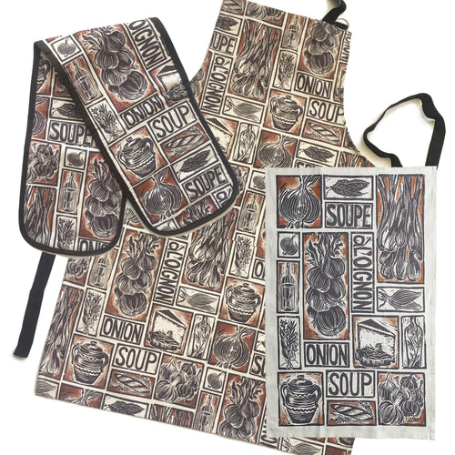 French Onion Soup illustrated recipe gift set organic cotton tea towel apron double oven glove lino cut by Kate Guy