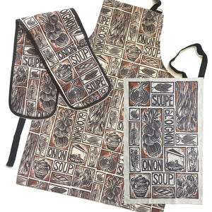French Onion Soup illustrated recipe gift set organic cotton tea towel apron double oven glove lino cut by Kate Guy