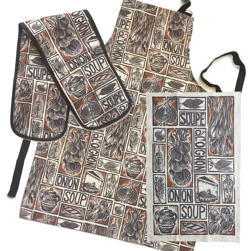 French Onion Soup illustrated recipe gift set organic cotton tea towel apron double oven glove lino cut by Kate Guy