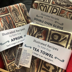 French Onion Soup illustrated recipe gift set organic cotton tea towel apron double oven glove lino cut by Kate Guy