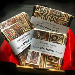 French Onion Soup illustrated recipe gift set organic cotton tea towel apron double oven glove lino cut by Kate Guy