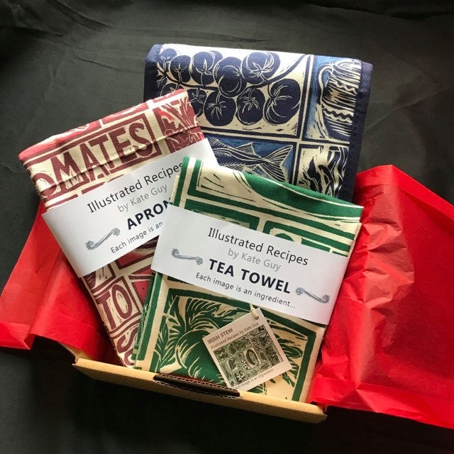 Gift Set Tea Towel  Apron and Double Oven Glove illustrated recipes Simple Soups mix and match Kate Guy Prints