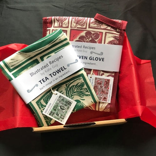 Gift Set Tea Towel and Double Oven Glove illustrated recipes mix and match Kate Guy Prints