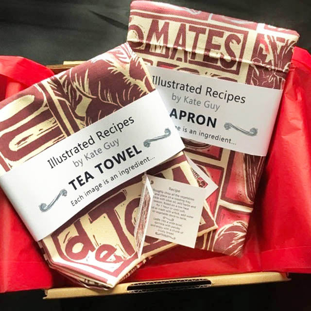 tomato soup illustrated recipe gift set tea towel apron and oven gloves lino cuts by Kate Guy Prints