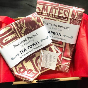 tomato soup illustrated recipe gift set tea towel apron and oven gloves lino cuts by Kate Guy Prints