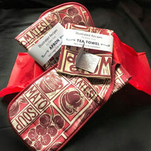 Load image into Gallery viewer, tomato soup illustrated recipe gift set tea towel apron and oven gloves lino cuts by Kate Guy Prints
