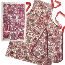 Load image into Gallery viewer, tomato soup illustrated recipe gift set tea towel apron and oven gloves lino cuts by Kate Guy Prints
