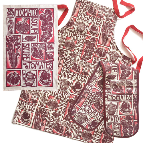 tomato soup illustrated recipe gift set tea towel apron and oven gloves lino cuts by Kate Guy Prints