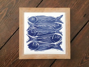 Sardines Handmade tile trivet, Linocut print of 5 fish ON HANDMADE TILE framed in English oak