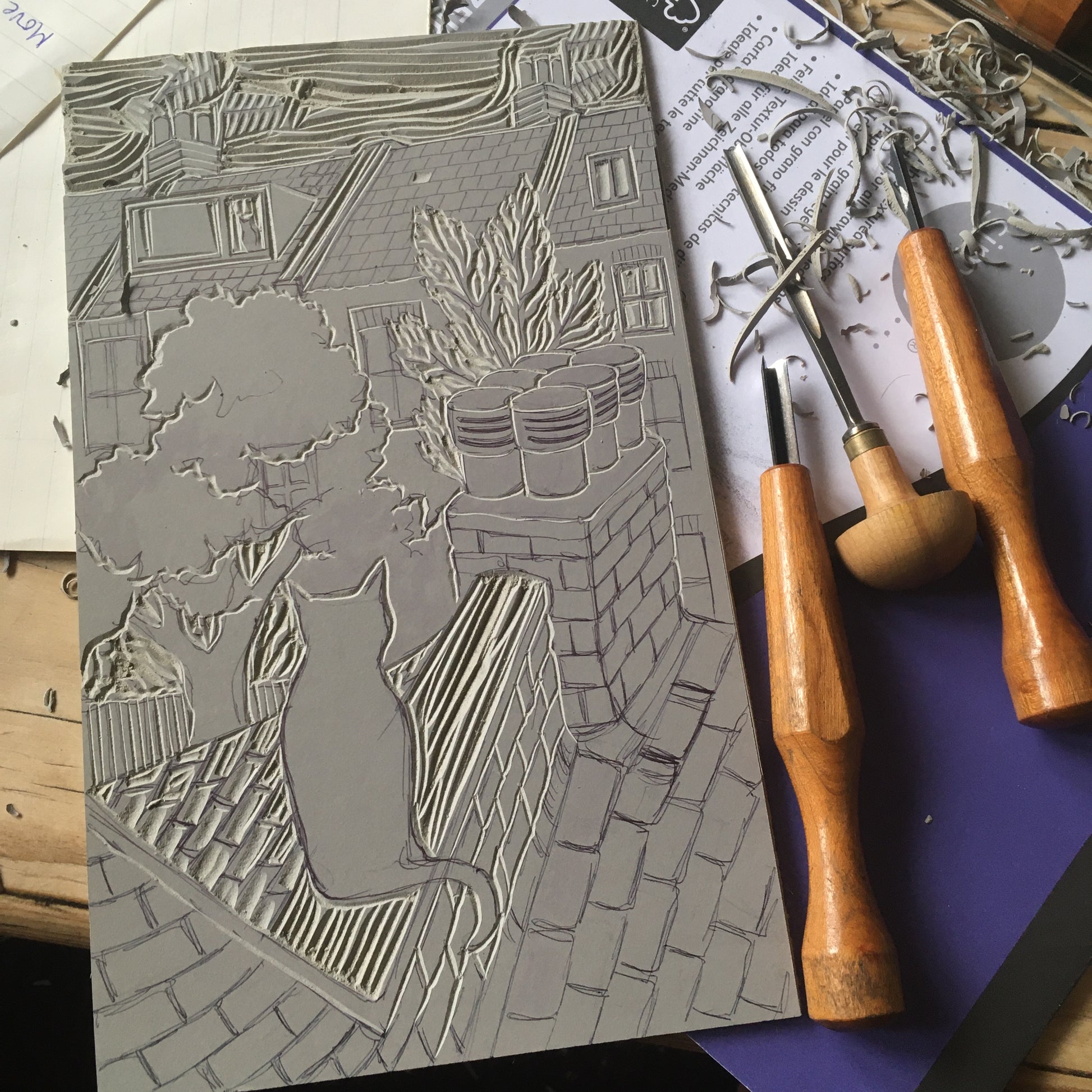 Lockdown cat out on the tiles lino cut print by Kate Guy