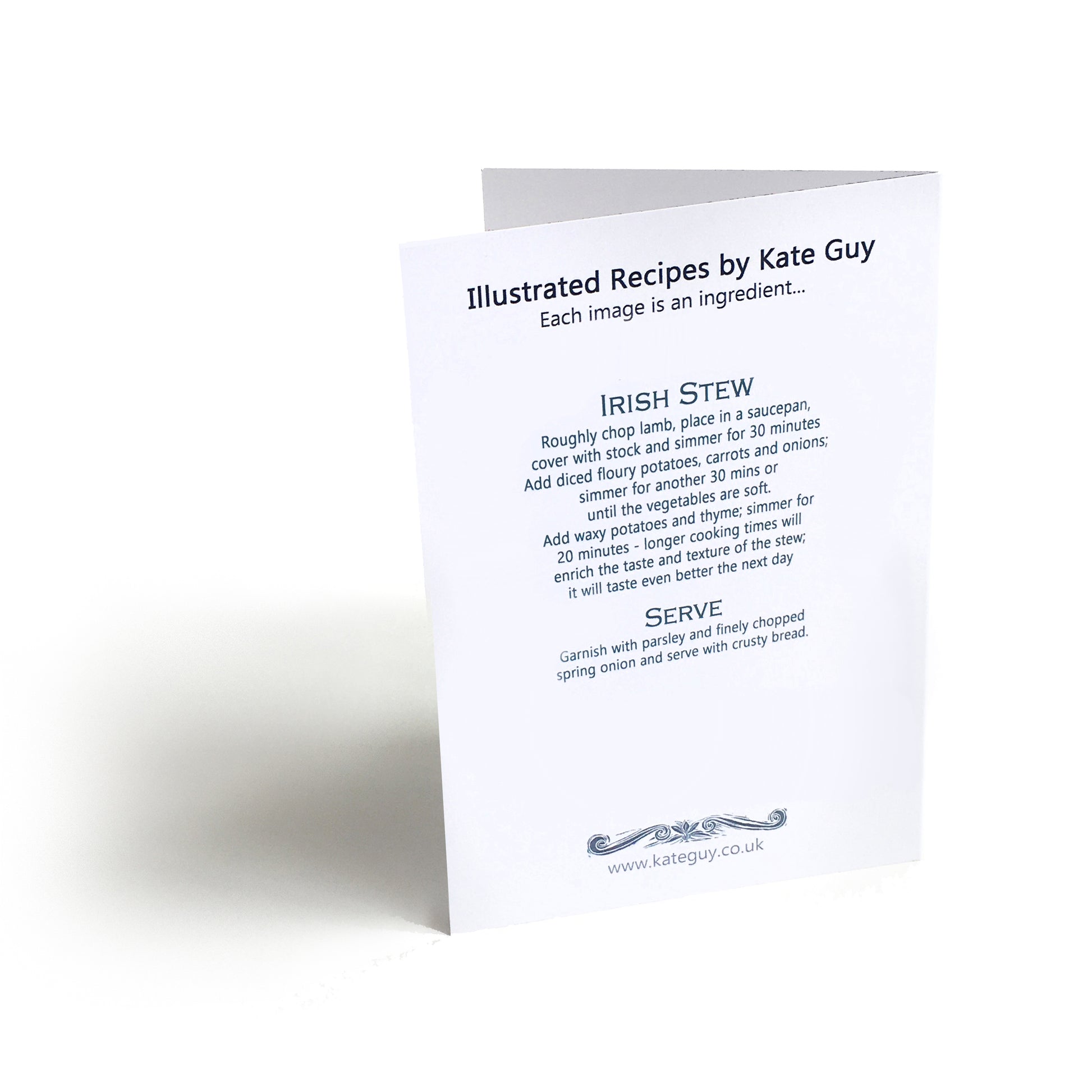 Irish stew Illustrated Recipe Greetings Card by Kate Guy each image is an ingredient and the cooking instructions are on the back