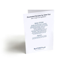 Load image into Gallery viewer, Irish stew Illustrated Recipe Greetings Card by Kate Guy each image is an ingredient and the cooking instructions are on the back

