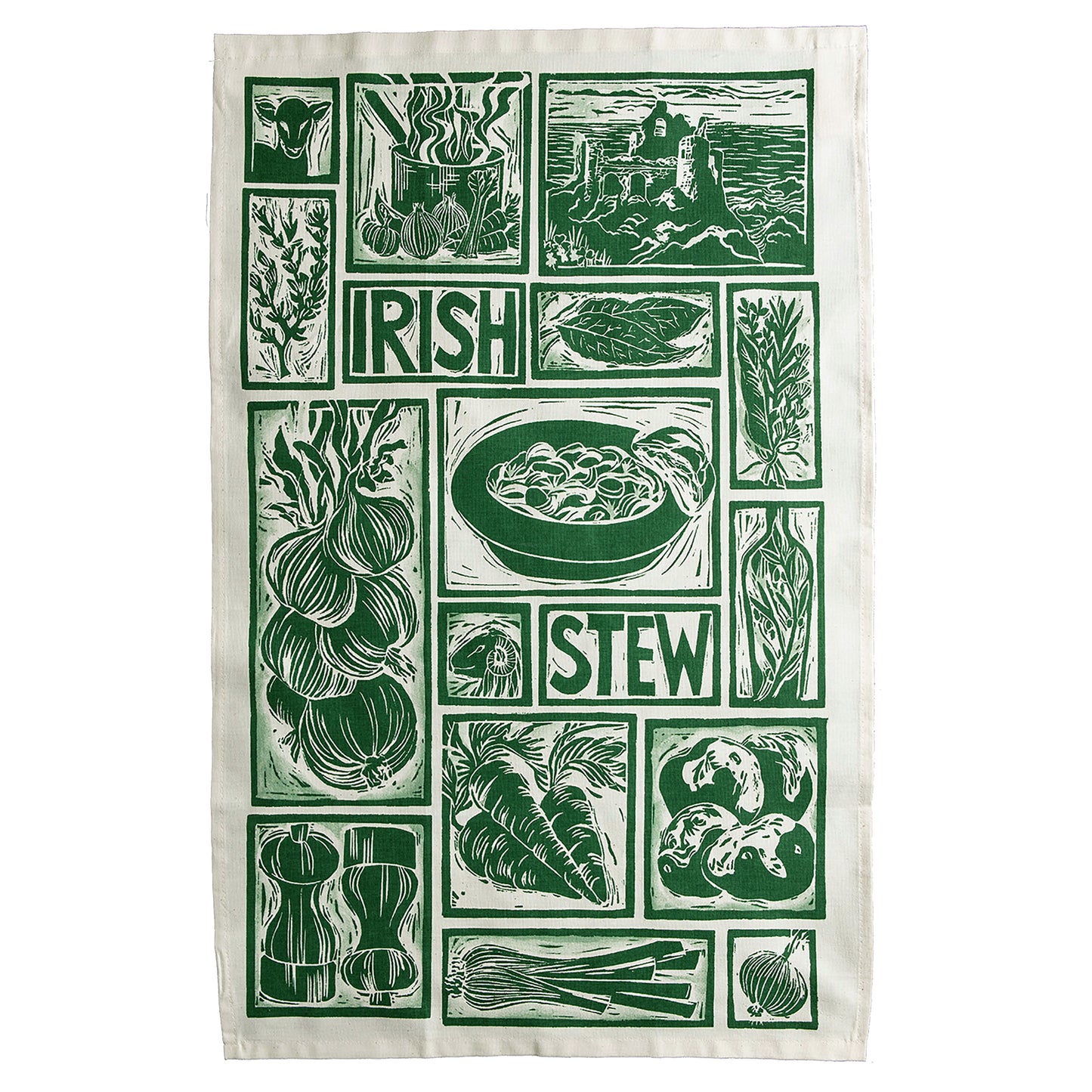 Green linocut recipe tea towel for Irish Stew on organic cotton featuring illustrations of lamb, leeks, and peppercorns.