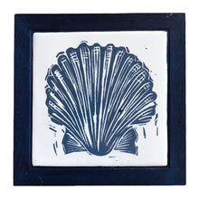 Load image into Gallery viewer, Linocut Print of Scallop Shell Printed on Handmade Tile Framed in Dark Blue Oak - Trivet by Kate Guy
