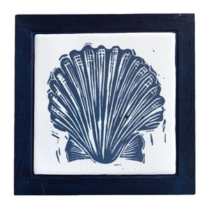 Linocut Print of Scallop Shell Printed on Handmade Tile Framed in Dark Blue Oak - Trivet by Kate Guy