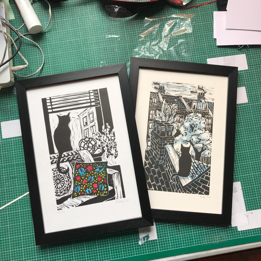 Kate Guy Prints Limited edition linocuts Lockdown Cats Framed