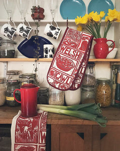 Welsh Cawl Gift Set Tea Towel Apron and Oven gloves wrapped in tissue presented in a gift box