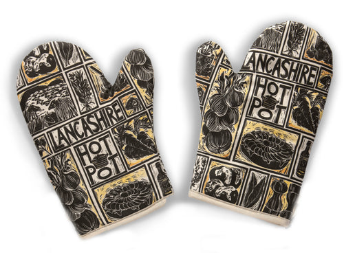 Oven Mitt Printed With Illustration Of Recipe For Lancashire Hot Pot Lino Cut Print