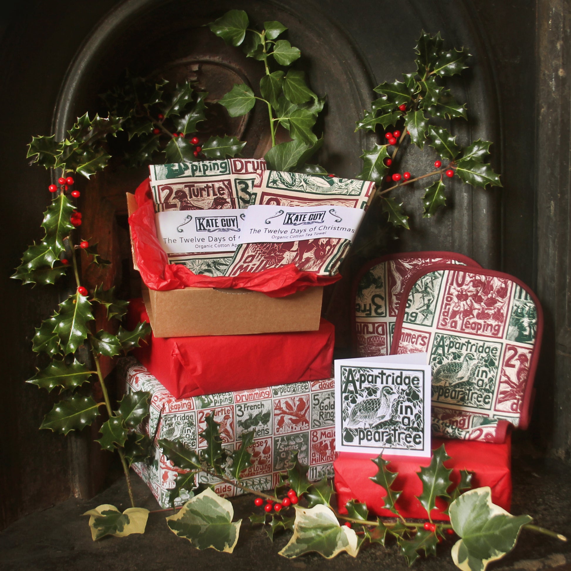 Christmas gift set The twelve days of christmas lino printed textiles by Kate Guy Prints