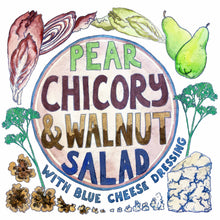 Load image into Gallery viewer, Illustrated seasonal recipe calendar by Kate Guy Prints  2023 December Pear Chicory and Walnut salad
