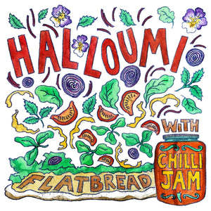 Illustrated seasonal recipe calendar by Kate Guy Prints  2023 May Halloumi Flatbread with Chilli Jam